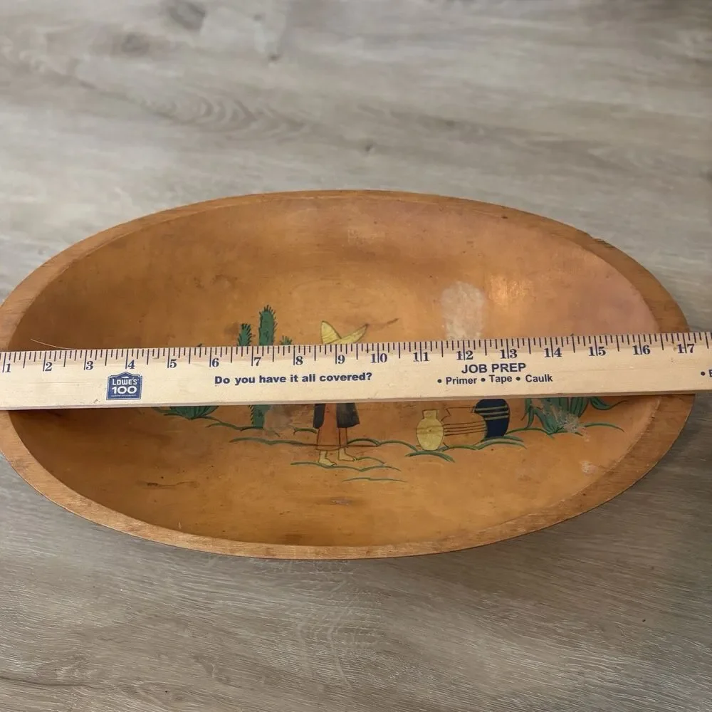 ⁠1930s VTG HandPainted Wood DoughBowl Mexican Southwestern Cactus 17